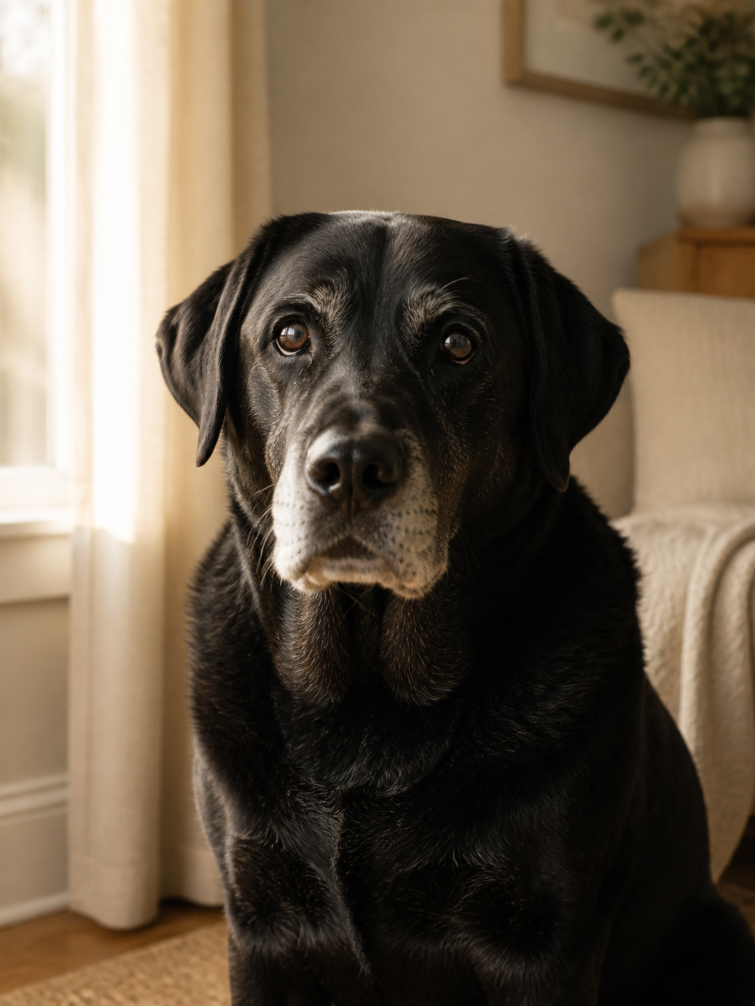 Older black Labrador beside a window