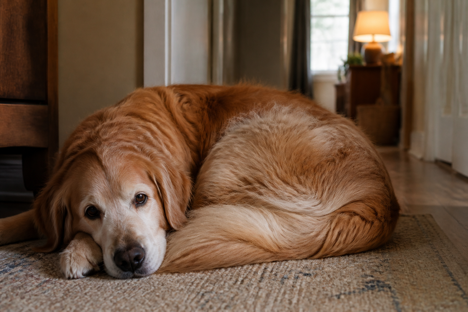 Senior golden retriever resting near a hallway