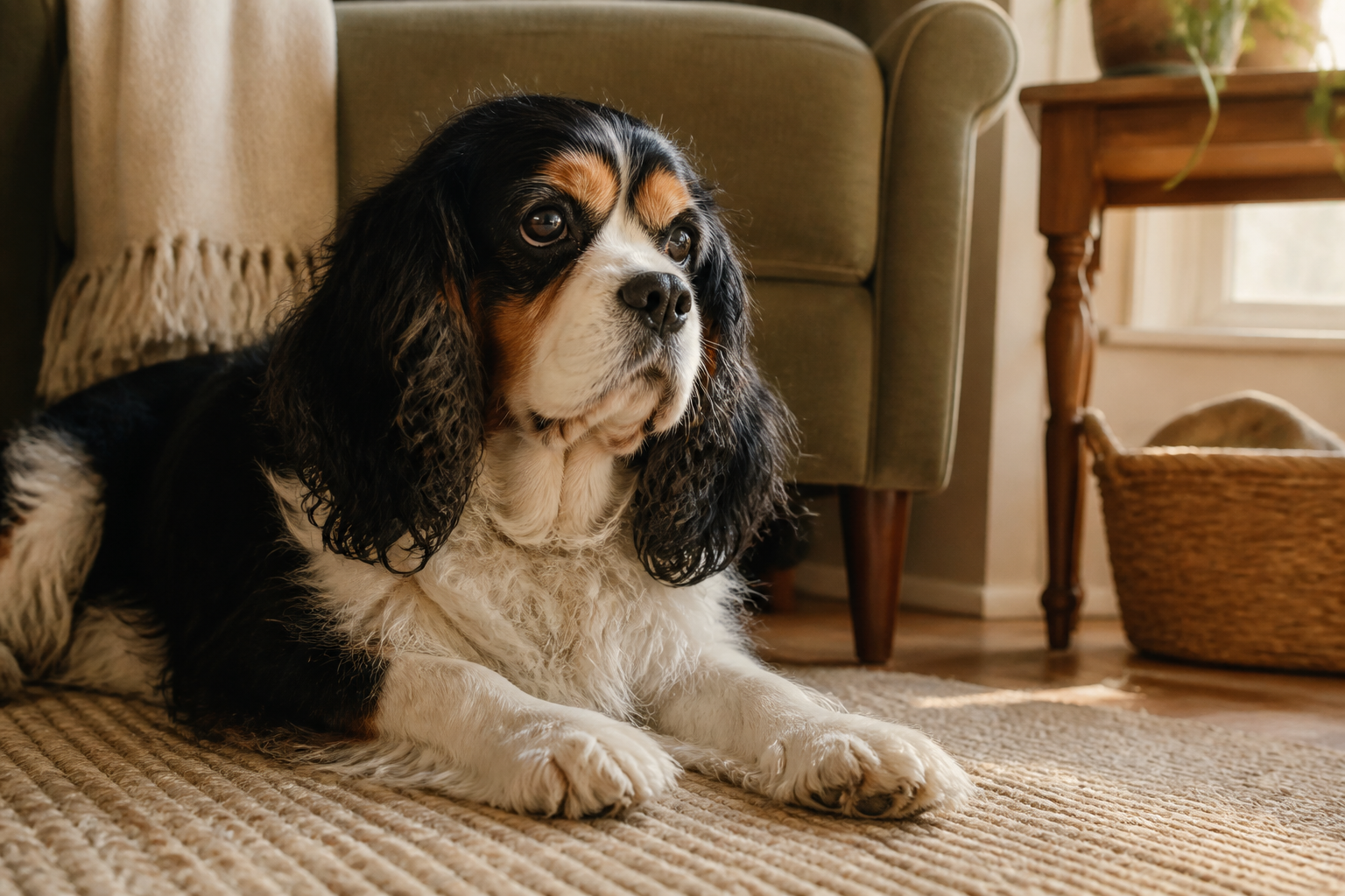 Older tricolor spaniel resting beside a reading chair